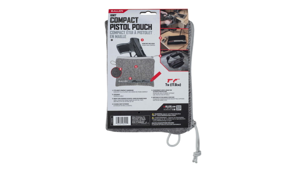 Allen Lockable Handgun Storage Pouch, Compact Size Handgun, 5 x 7in, Gray, 3625