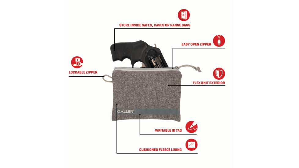 Allen Lockable Handgun Storage Pouch, Compact Size Handgun, 5 x 7in, Gray, 3625