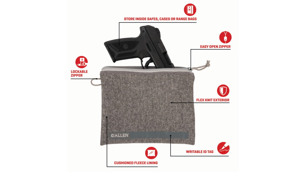 Allen Lockable Handgun Storage Pouch, Full Size Handgun, 7 x 9in, Gray, 3627