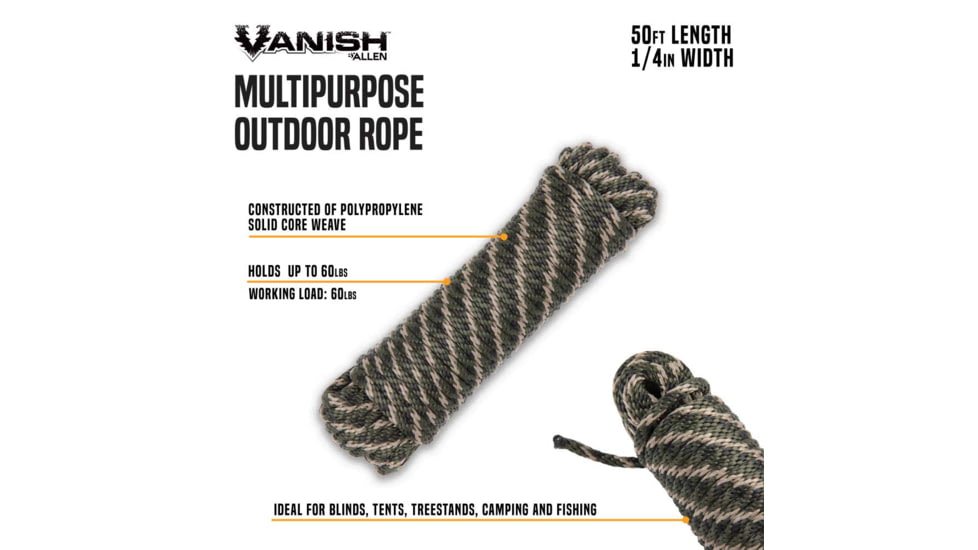 Allen Vanish Multipurpose Polypropelene Outdoor Rope w/ Solid Core Weave, 50-Foot 1/4in, 60-600-Pounds Load, Camo, 5909