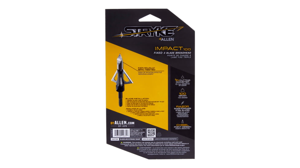 Allen Stryke Impact Fixed Blade Broadhead, 3 Pack, Black, 100 Grain, 14635