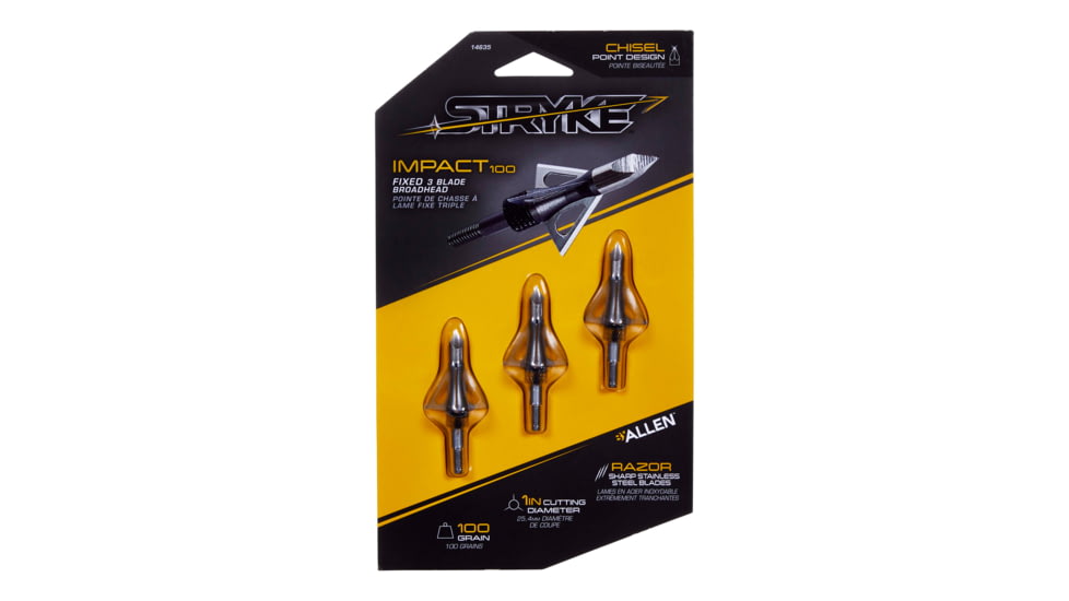 Allen Stryke Impact Fixed Blade Broadhead, 3 Pack, Black, 100 Grain, 14635