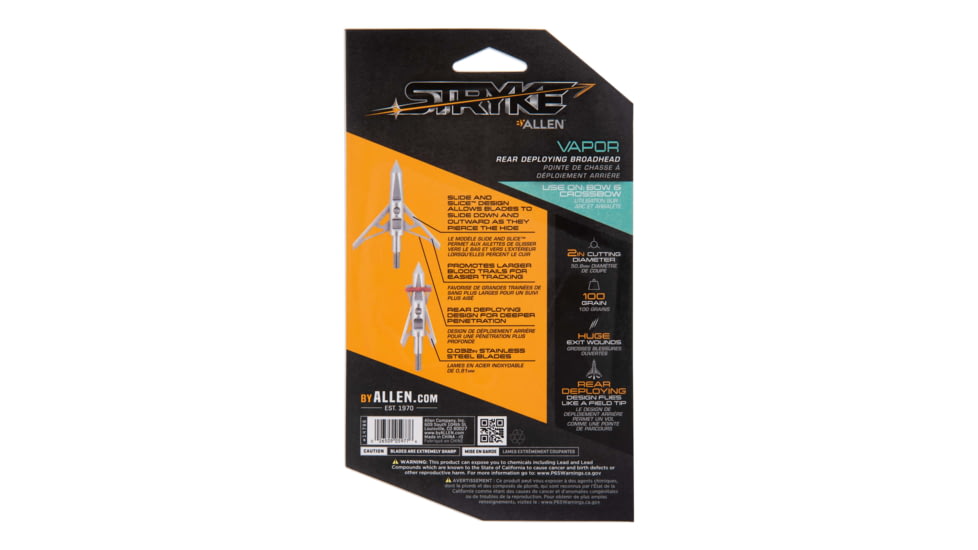 Allen Stryke Vapor Rear Deploying 2 Blade Broadhead, 100-Grain, 3-Pack, 14786