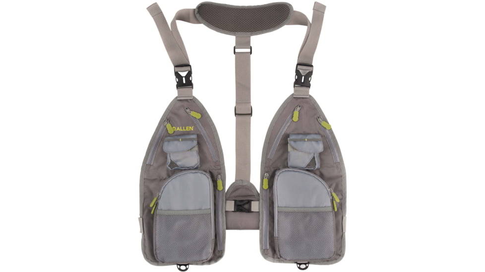 Allen Ultra-Light Gallatin Strap Fly Fishing Vest, Fits up to 4 Tackle/Fly Boxes, 14 Accessory Pockets, Gray/Lime, 6370