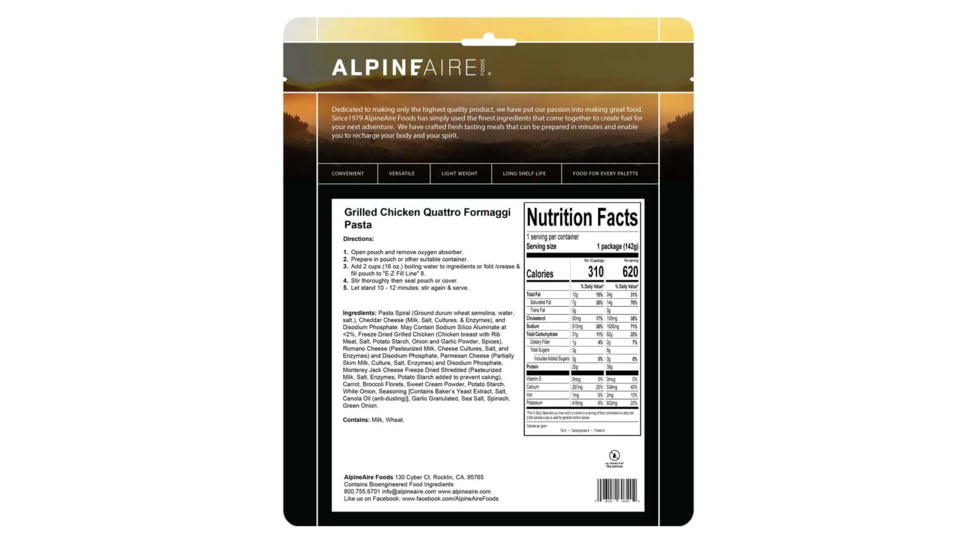Katadyn Alpine Aire Foods Foods Grilled Chickens Quattro Formaggi Pasta, 60340