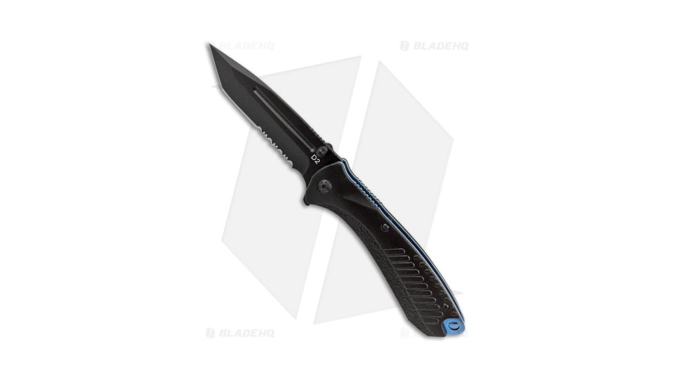 American Buffalo Knife Elite Blue Tracer Folding Knife, 4.00in, D2, Tanto Blade, Aluminum Black Handle, Black/Black, 8.50in, BHQ-79266