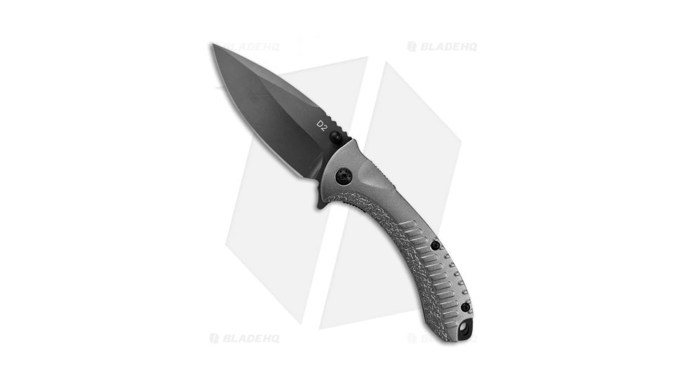 American Buffalo Knife Elite Gray Protector Folding Knife, 3.50in, D2, Drop Point Blade, Aluminum Gray Handle, Black/Gray, 7.50in, BHQ-79270