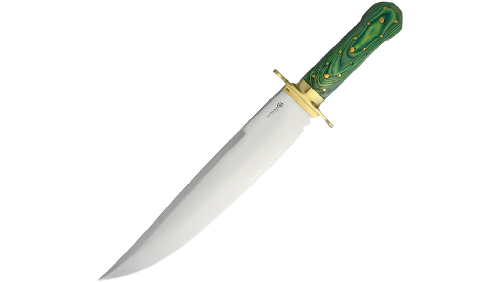 American Hunter Bowie Fixed Blade Knife, 16in Overall, 10.75in Satin SS Clip Point Blade, Green Pakkawood Handle, Brass Guard And Pommel, Brown Leather Belt Sheath, Green, AH012 / 1015