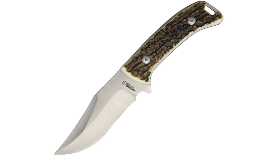 American Hunter Imitation Stag Hunter Knife, 4 satin finish stainless blade, Imitation stag handle, SK17022
