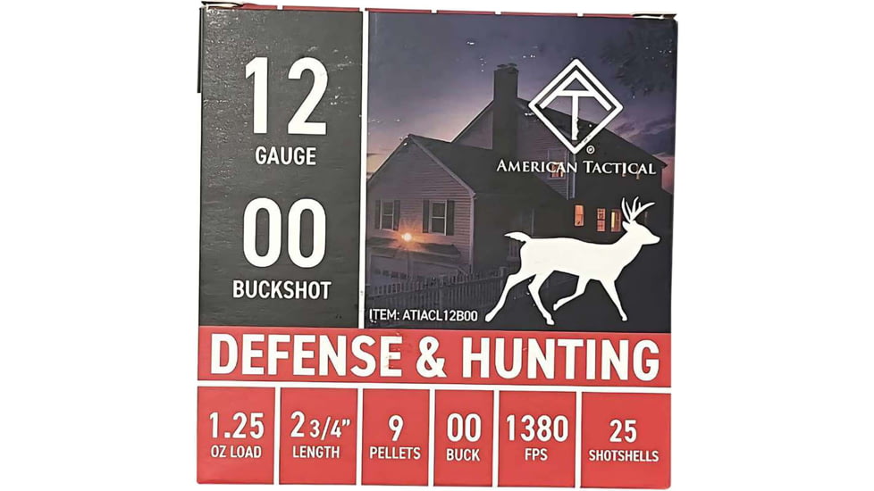 American Tactical Imports 12 Gauge 9 Pellet 2 3/4 in Buckshot Shotgun Ammo, 00 Buck, 25 Rounds, ATIACL12B00