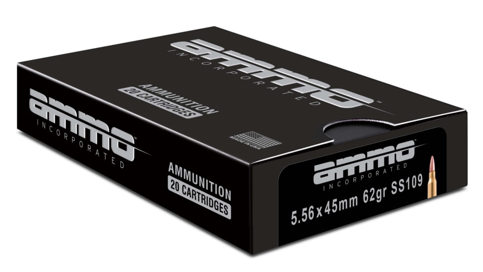 Ammo, Inc. 5.56x45mm NATO 62 Grain SS109 Penetrator Steel Core FMJ Brass Centerfire Rifle Ammo, 20 Round, Box, 556062SS109-A20