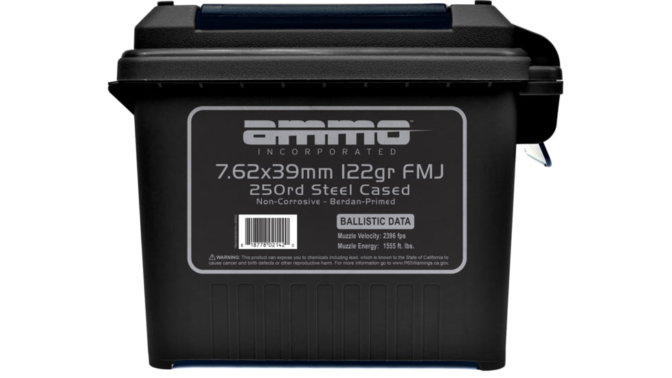 Ammo, Inc. 7.62x39mm 122 Grain FMJ Steel Cased Centerfire Rifle Ammo, 250 Rounds, 762X39122FMJ-B250