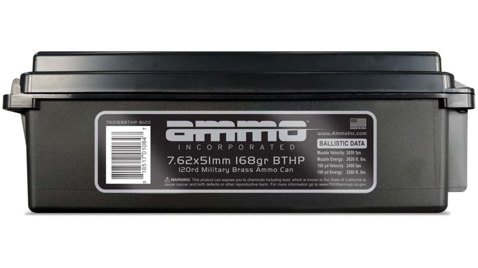 Ammo, Inc. 7.62x51mm 168 Grain Boat Tail Hollow Point Brass Cased Centerfire Rifle Ammo, 120 Round, Case, 762168BTHP-B120