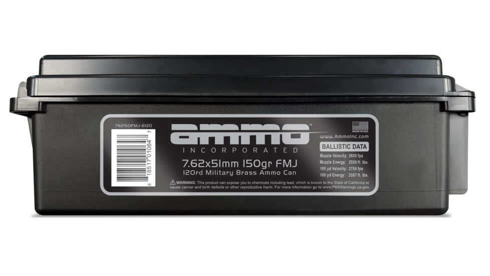 Ammo, Inc. 7.62x51mm NATO 150 Grain Full Metal Jacket Centerfire Rifle Ammo, 120 Rounds, 762150FMJ-B120