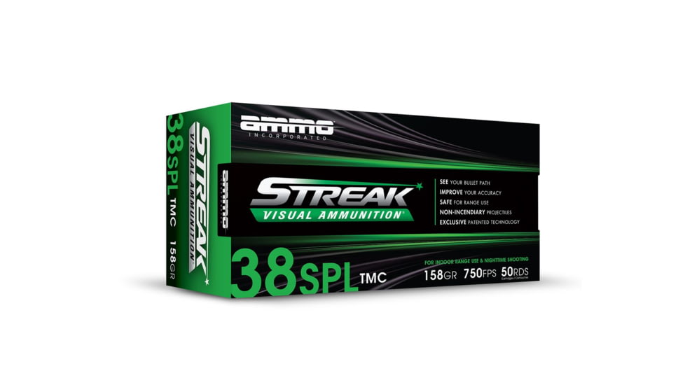Ammo, Inc. Green Streak 38 SPL 158 Grain TMC FMJ w/Streak Brass Cased Pistol Ammo, 50 Round, 38158TMC-STRK-GRN-50