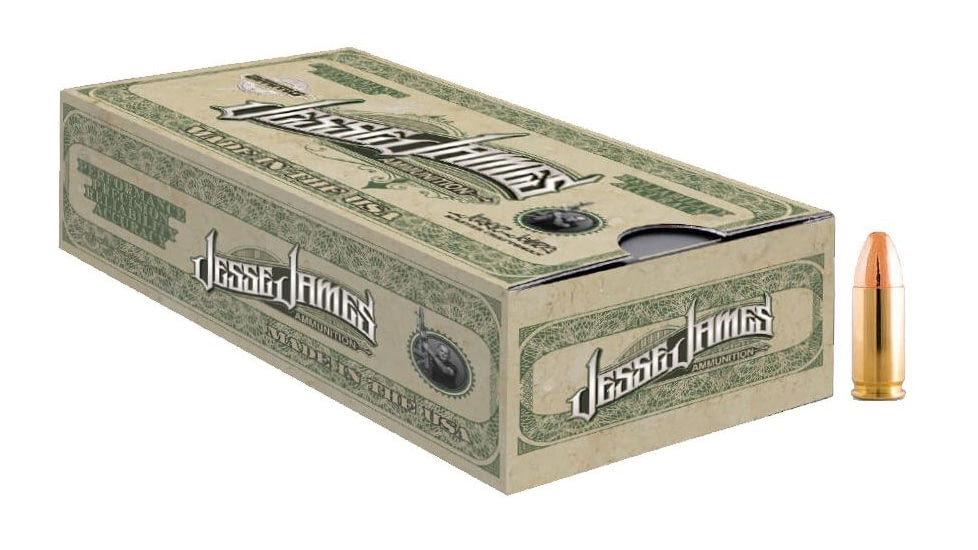 Ammo, Inc. Jesse James 9mm Luger 115 Grain Full Metal Jacket Brass Cased Pistol Ammo, 50 Rounds, 9115TMC