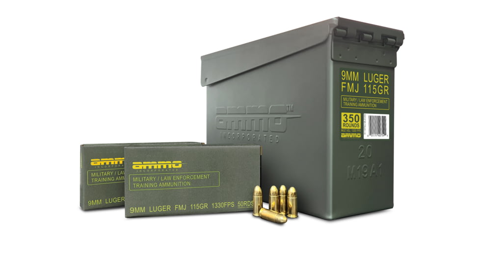 Ammo, Inc. Military/Law Enforcement Training 9mm Luger 115 grain Full Metal Jacket Brass Cased Pistol Ammo, 350 Rounds, 9115FMJ-MLE350