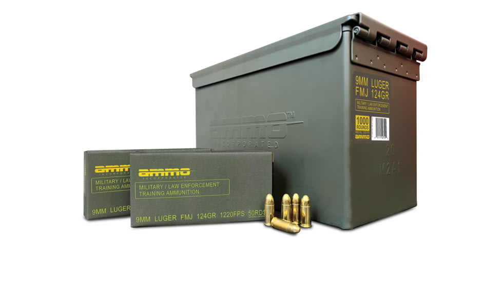 Ammo, Inc. Military/Law Enforcement Training 9mm Luger 124 grain Full Metal Jacket Brass Cased Pistol Ammo, 1000 Rounds, 9124FMJ-MLE1000