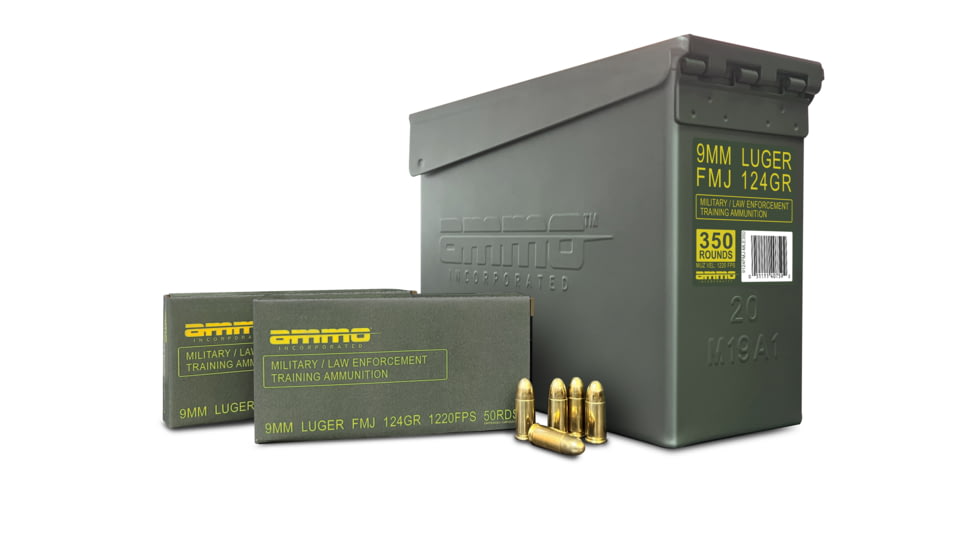 Ammo, Inc. Military/Law Enforcement Training 9mm Luger 124 grain Full Metal Jacket Brass Cased Pistol Ammo, 350 Rounds, 9124FMJ-MLE350