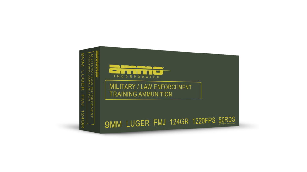 Ammo, Inc. Military/Law Enforcement Training 9mm Luger 124 grain Full Metal Jacket Brass Cased Pistol Ammo, 50 Rounds, 9124FMJ-MLE50