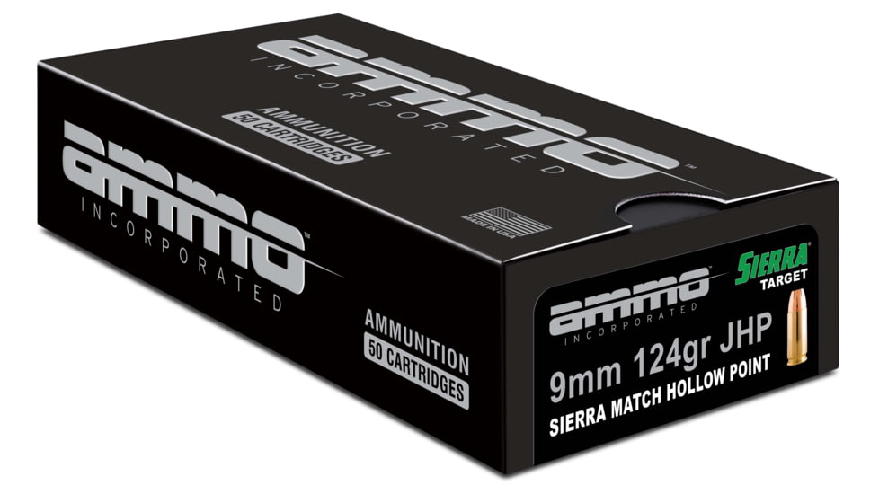 Ammo, Inc. Signature 9mm Luger 124 Gr Sierra Match Jacket Hollow Point Brass Cased Pistol Ammo, 50 Rounds, 9124JHP-SRR50