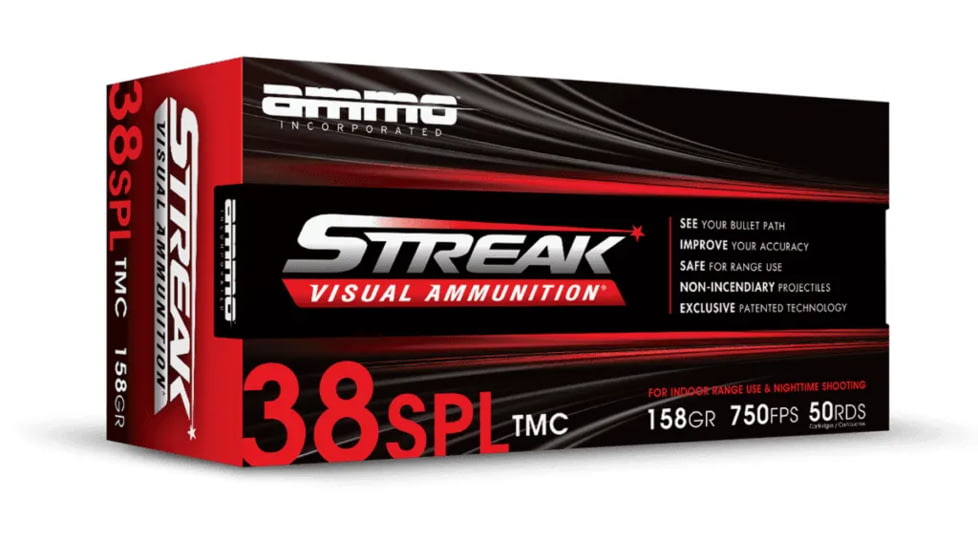 Ammo, Inc. STREAK .38 Special 158 grain Total Metal Coating Brass Cased Centerfire Pistol Ammo, 50 Rounds, 38158TMC-STRK-RED-50