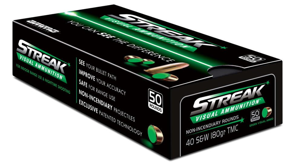 Ammo, Inc. Streak .40 S&amp;W 180 Grain Tracer-Like Full Metal Jacket Brass Cased Green Pistol Ammo, 50 Rounds, 40180TMC-STRK-GRN-50