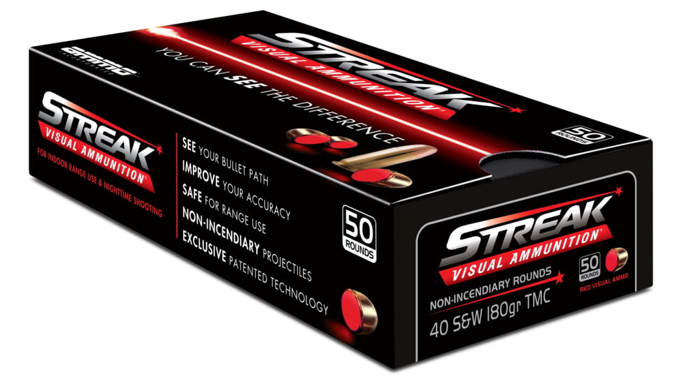 Ammo, Inc. Streak .40 S&amp;W 180 Grain Tracer-Like Full Metal Jacket Brass Cased Red Pistol Ammo, 50 Rounds, 40180TMC-STRK-RED-50