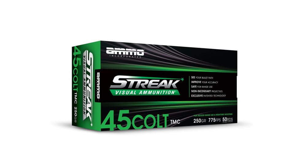 Ammo, Inc. Streak 45 COLT 250 Grain TMC FMJ w/Streak Brass Cased Pistol Ammo, 50 Round, 45C250TMC-STRK-GRN-50