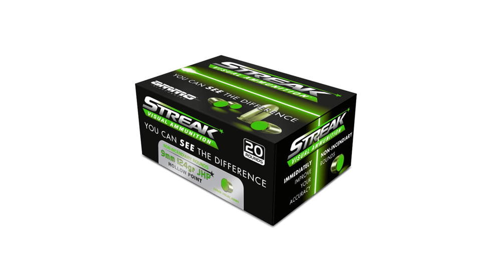 Ammo, Inc. Streak 9 mm 124 Grain JHP w/ Streak Brass Cased Pistol Ammo, 20 Round, 9124JHP-STRK-GRN