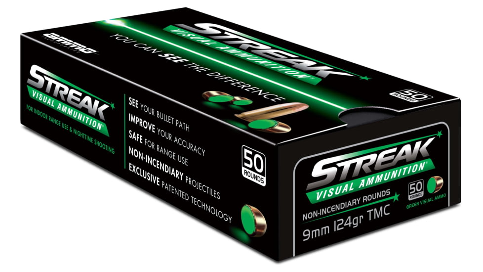 Ammo, Inc. Streak 9mm Luger 124 Grain Tracer-Like Full Metal Jacket Brass Cased Green Pistol Ammo, 50 Rounds, 9124TMC-STRK-GRN-50