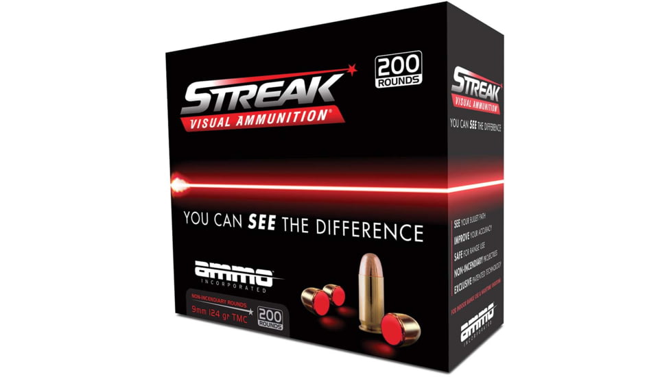 Ammo, Inc. STREAK 9mm Luger 124 grain Total Metal Jacket Brass Cased Centerfire Pistol Ammo, 200 Rounds, 9124TMC-STRK-RED-200