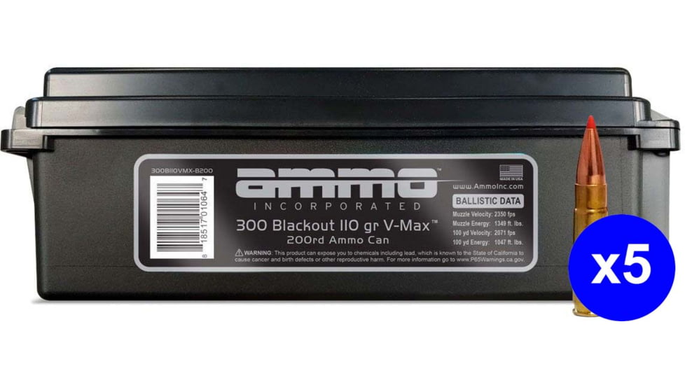 Ammo, Inc V-Max .300 Blackout 110 Grain Brass Cased Centerfire Rifle Ammo, 1000 Rounds