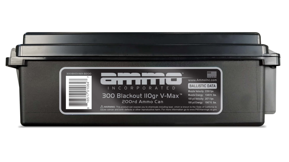Ammo, Inc V-Max .300 Blackout 110 Grain Brass Cased Centerfire Rifle Ammo, 200 Rounds, 300B110VMX-B200