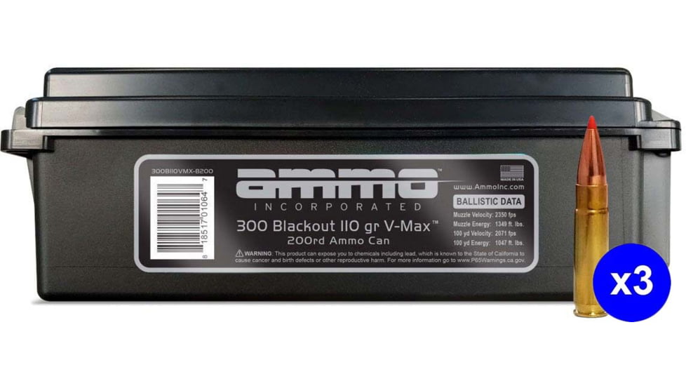 Ammo, Inc V-Max .300 Blackout 110 Grain Brass Cased Centerfire Rifle Ammo, 600 Rounds