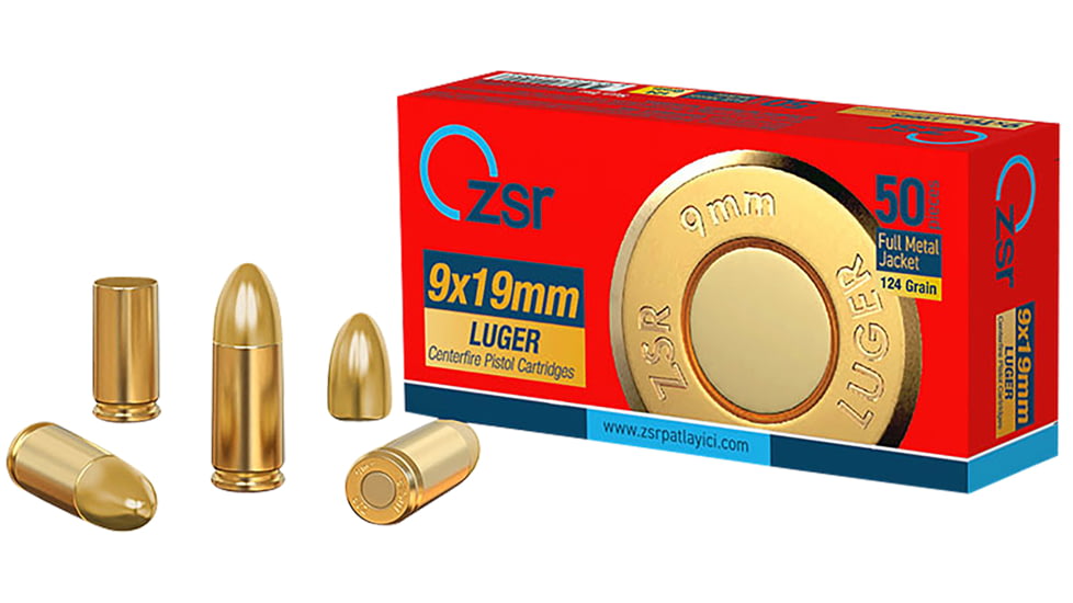 Ammo, Inc. 9mm Luger 124 Grain Full Metal Jacket Brass Cased Pistol Ammo, 50 Rounds, ZSR9MM124