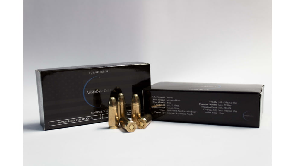 AmmoDyn 9mm Luger 115 grain Full Metal Jacket Brass Cased Pistol Ammo, 50 Rounds