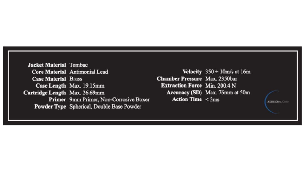 AmmoDyn 9mm Luger 115 grain Full Metal Jacket Brass Cased Pistol Ammo, 50 Rounds