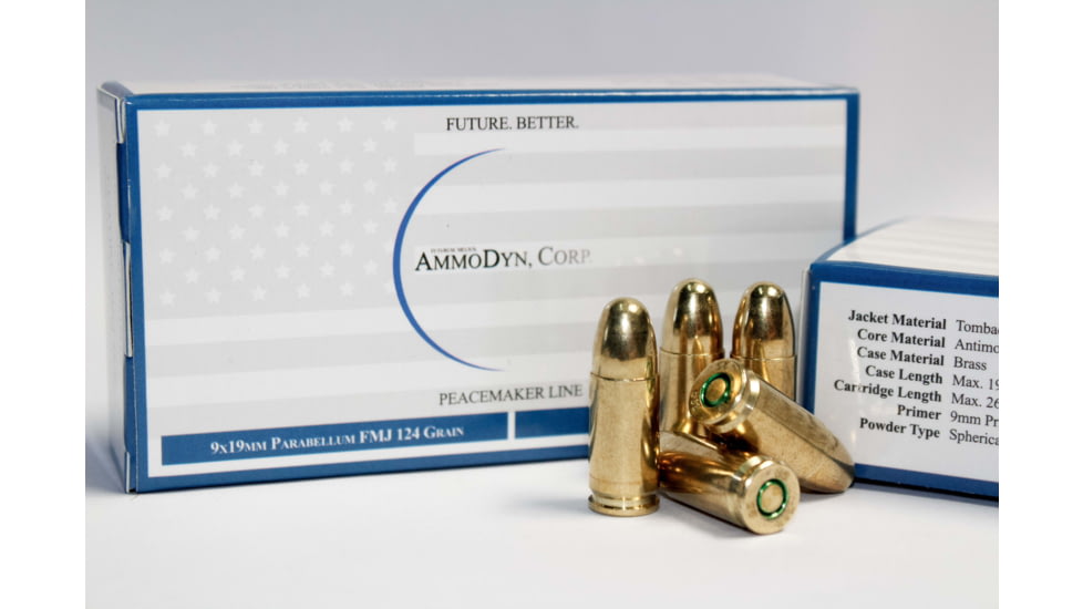 9mm Parabellum 124 grain Full Metal Jacket Brass Cased Pistol Ammo, 50 Rounds, NSN 1305.27.070.5342