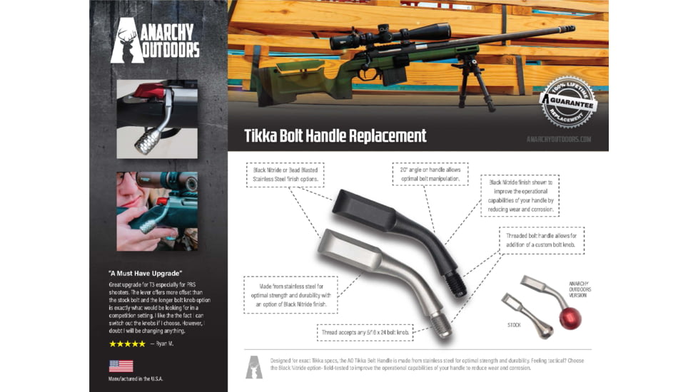Anarchy Outdoors Tikka T3x Threaded Bolt Handle Upgrade, Left Hand, Silver, 791617481917