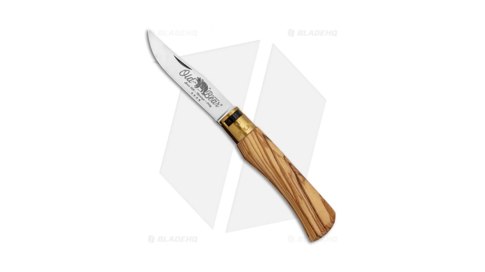 Antonini Knives Old Bear Classical Large Folding Knife, 3.375in, 420 Stainless Steel, Clip Point Blade, Olive Wood Olive Handle, Steel/Wood, 8.375in, BHQ-124856