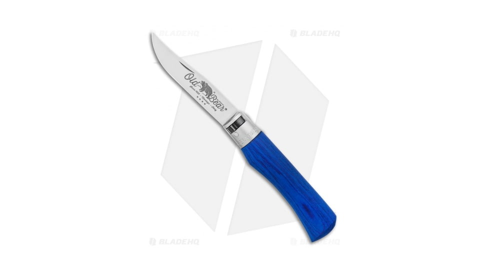 Antonini Knives Old Bear Classical Large Folding Knife, 3.375in, 420 Stainless Steel, Clip Point Blade, Wood Blue Handle, Steel/Blue, 8.375in, BHQ-124884