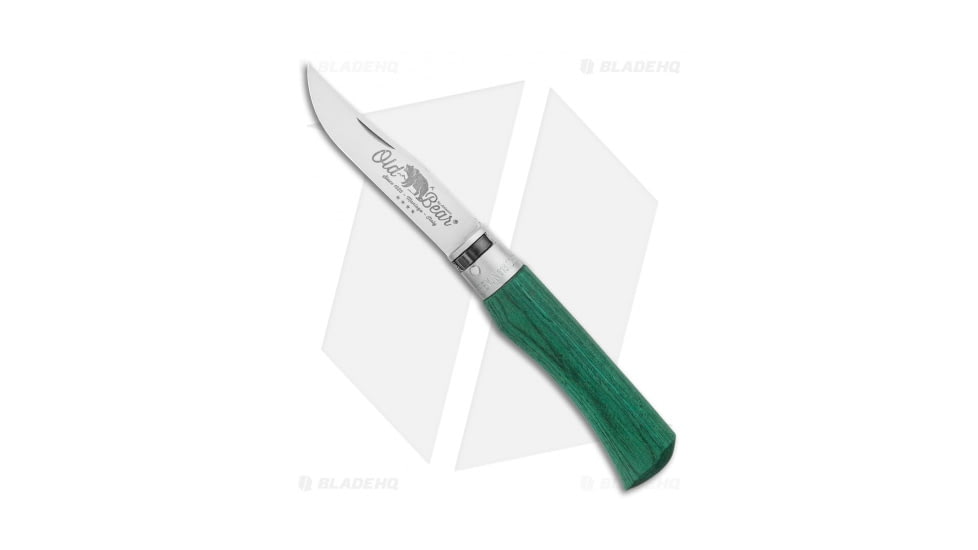 Antonini Knives Old Bear Classical Large Folding Knife, 3.375in, 420 Stainless Steel, Clip Point Blade, Wood Green Handle, Steel/Green, 8.375in, BHQ-124885