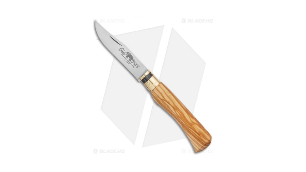 Antonini Knives Old Bear Classical Medium Folding Knife, 3.125in, 420 Stainless Steel, Clip Point Blade, Olive Wood Olive Handle, Steel/Wood, 7.75in, BHQ-124890