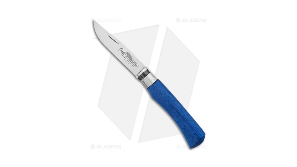 Antonini Knives Old Bear Classical Medium Folding Knife, 3.125in, 420 Stainless Steel, Clip Point Blade, Wood Blue Handle, Steel/Blue, 7.75in, BHQ-124883