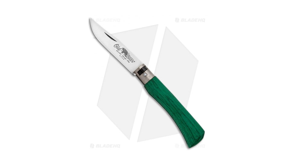 Antonini Knives Old Bear Classical Medium Folding Knife, 3.125in, 420 Stainless Steel, Clip Point Blade, Wood Green Handle, Steel/Green, 7.75in, BHQ-124776