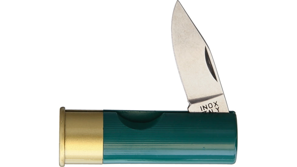 Antonini Shotgun Shell Folding Knife, 2.63in Closed, 1.75in Satin SS Blade, Green Plastic Handle, Shotgun Shell Shaped Handle, 1301/V-S