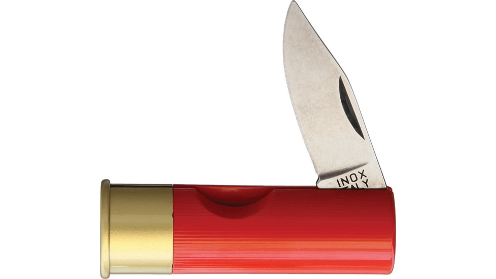 Antonini Shotgun Shell Folding Knife, 2.63in Closed, 1.75in Satin SS Blade, Red Plastic Handle, Shotgun Shell Shaped Handle, 1301/R-S