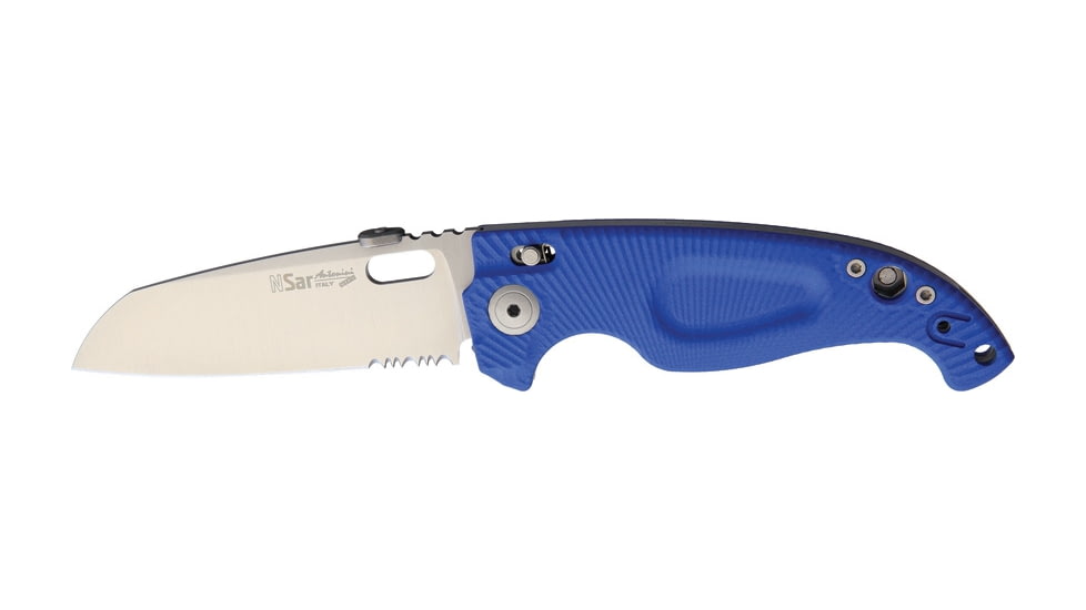 Antonini SOS RESeT Nautical Bolt Lock Folding Knife, 4.75in Closed, 3.63in Satin Partially Serrated 440A SS Blade, Blue Sculpted G10 Handle, Thumb Pull, Pocket Clip, Thumb Disk, N-SAR B/L
