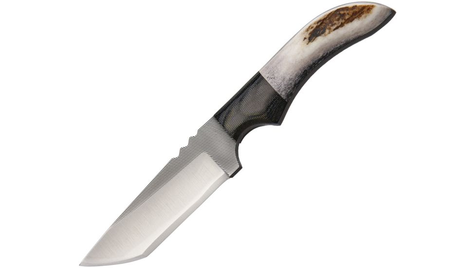 Anza 7.75 Inch Fixed Blade Tanto Knife, Elk and Micarta, Brown Leather Belt Sheath AZJWK1E